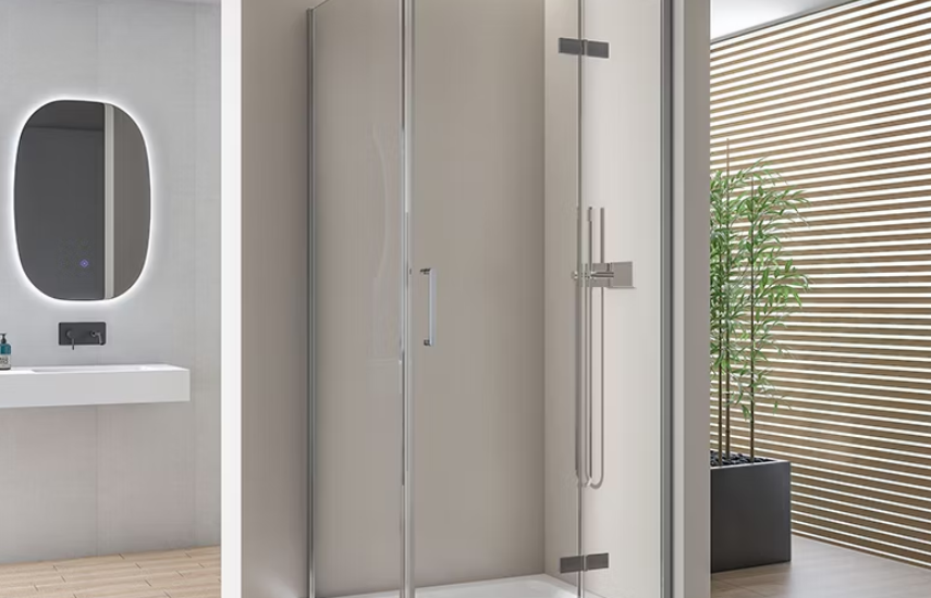 Modern glass cabin maximizing space in a compact bathroom.