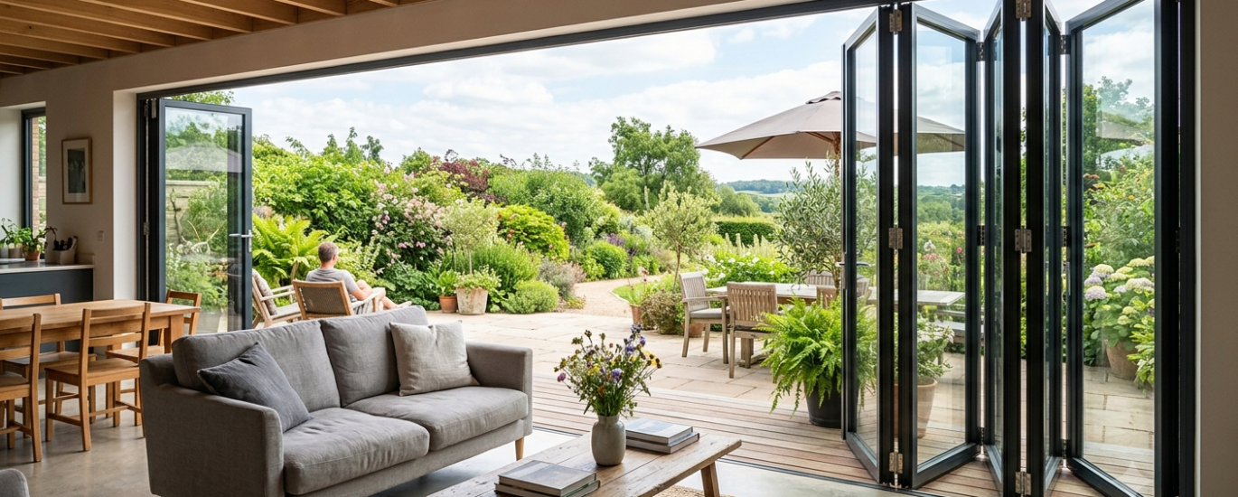 Foldable glass doors connecting indoor and outdoor space