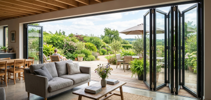 Foldable glass doors connecting indoor and outdoor space