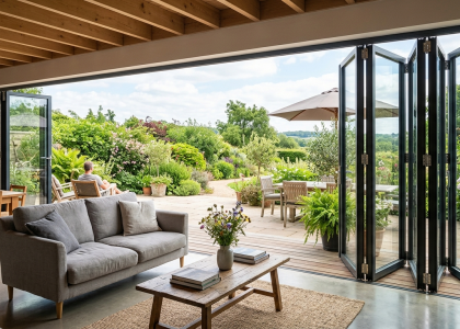 Foldable glass doors connecting indoor and outdoor space