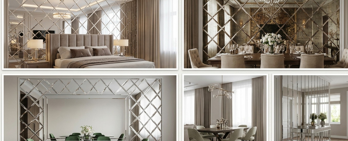Decorative beveled mirror wall design creating a spacious and elegant interior