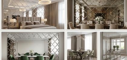 Decorative beveled mirror wall design creating a spacious and elegant interior