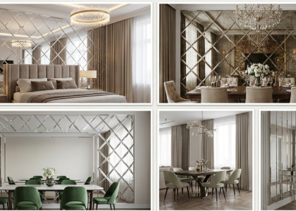Decorative beveled mirror wall design creating a spacious and elegant interior