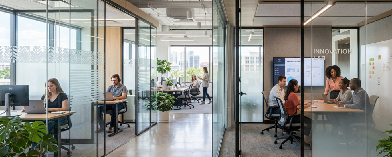 Modern office glass partition enhancing light and productivity