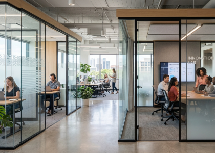 Modern office glass partition enhancing light and productivity