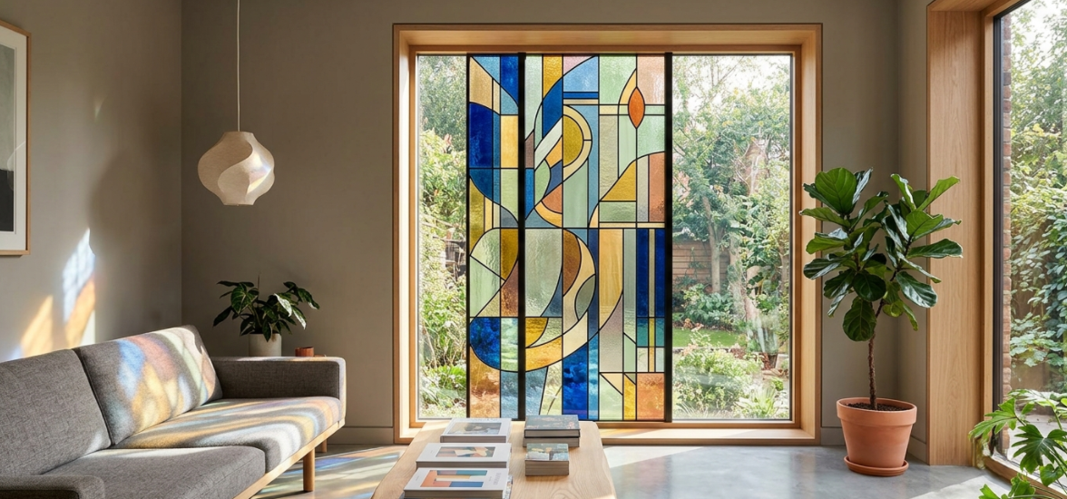 Modern interior featuring elegant stained glass windows