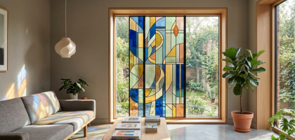 Modern interior featuring elegant stained glass windows