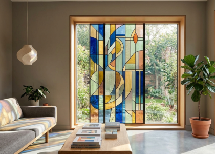 Modern interior featuring elegant stained glass windows