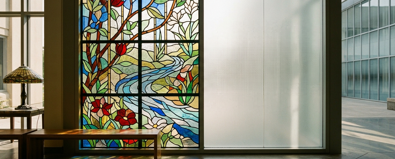 Stained glass and frit glass comparison for architectural applications.