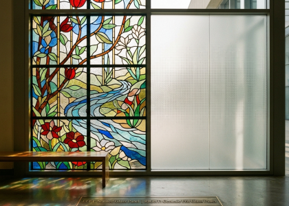 Stained glass and frit glass comparison for architectural applications.