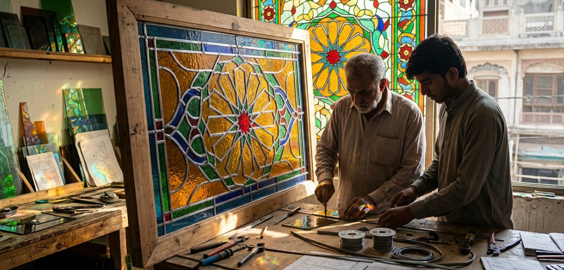 Stained glass window installed in a modern home in Pakistan.