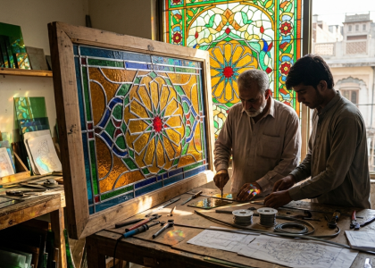 Stained glass window installed in a modern home in Pakistan.