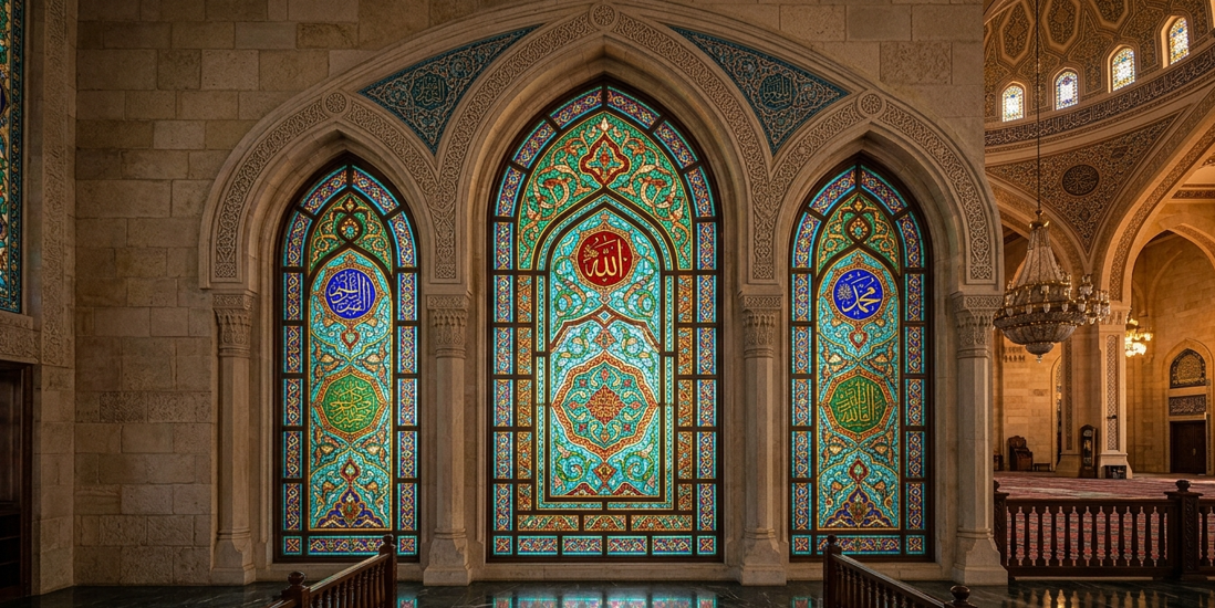 Stained glass panels in a mosque