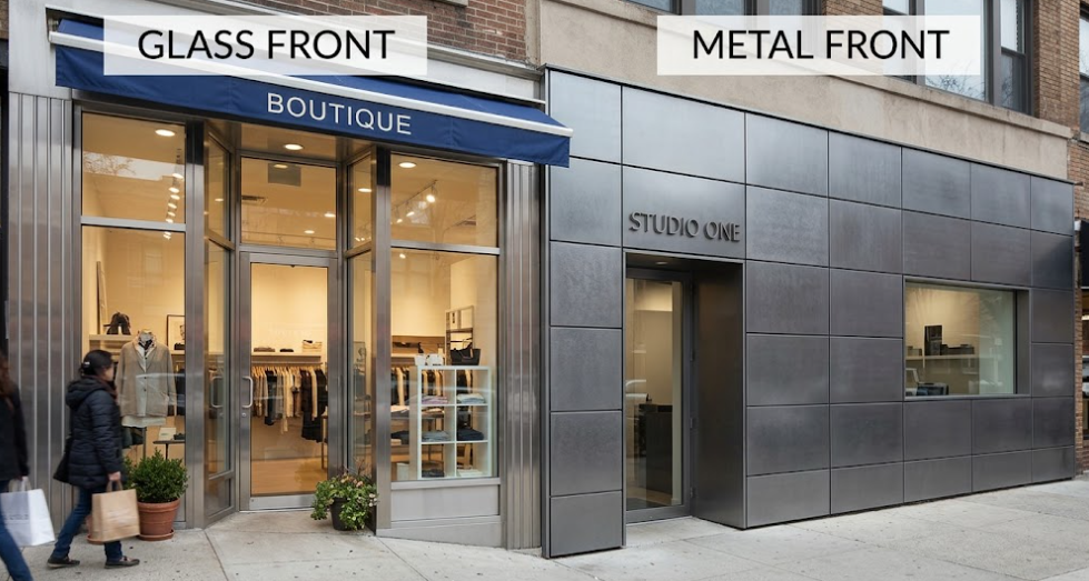 Glass shop front vs metal front