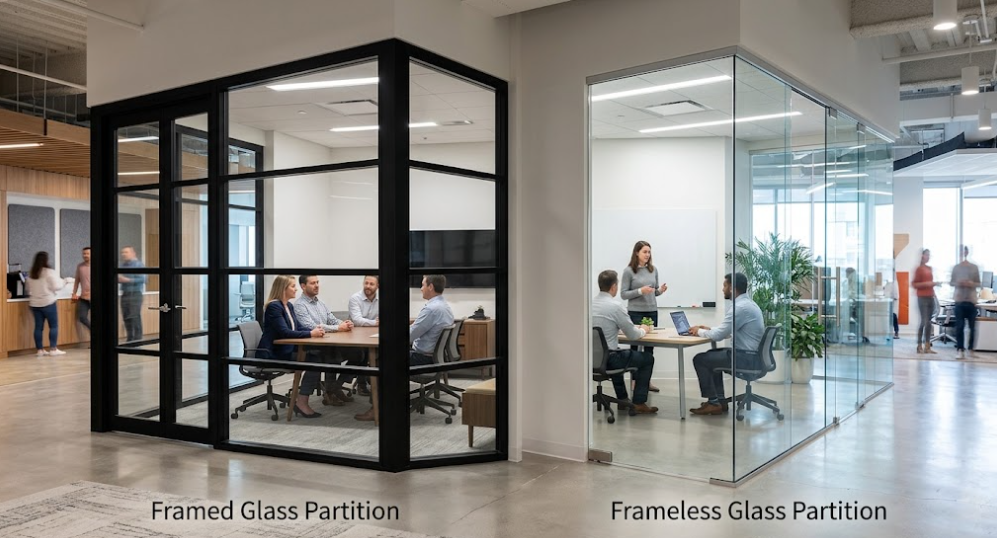 Framed vs frameless office glass partitions