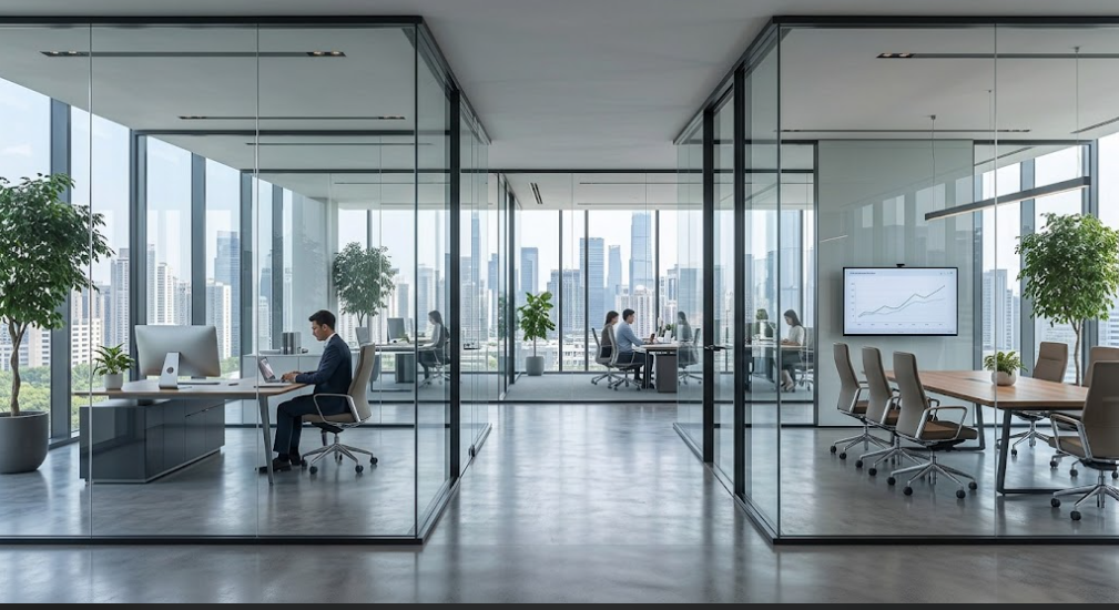 Glass partitions in a modern office