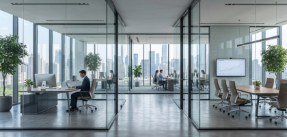 Glass partitions in a modern office