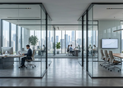 Glass partitions in a modern office